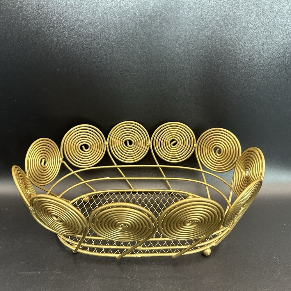 Vintage MCM Brass Atomic Spiral Wire Fruit Basket Footed Mid Century Centerpiece